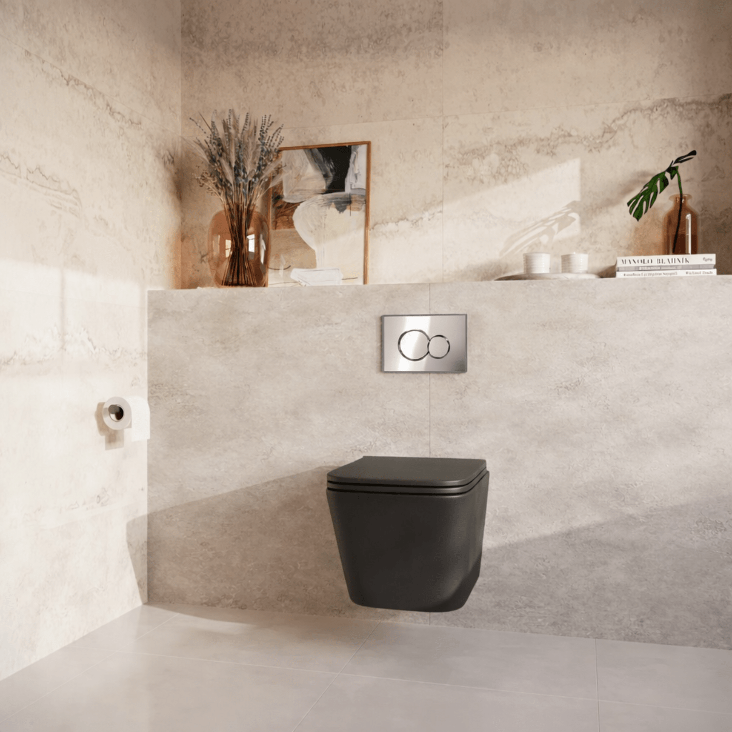 Hangtoilet met Inbouwreservoir - Vierkant Zwart - Drukplaat Rond Chroom - Linea - lomazoo.com