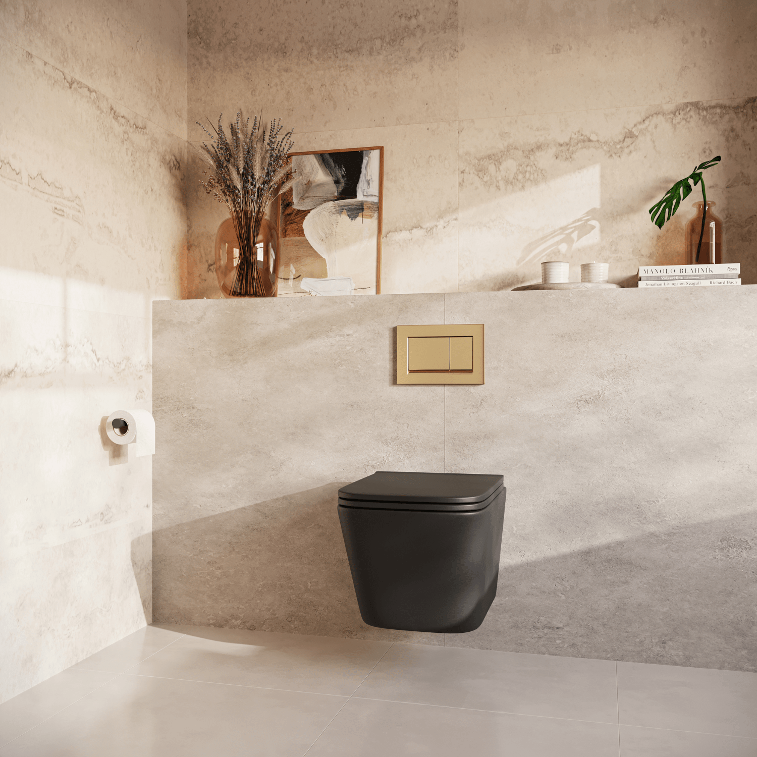 Hangtoilet met Inbouwreservoir - Vierkant Zwart - Drukplaat Vierkant Goud - Linea - lomazoo.com