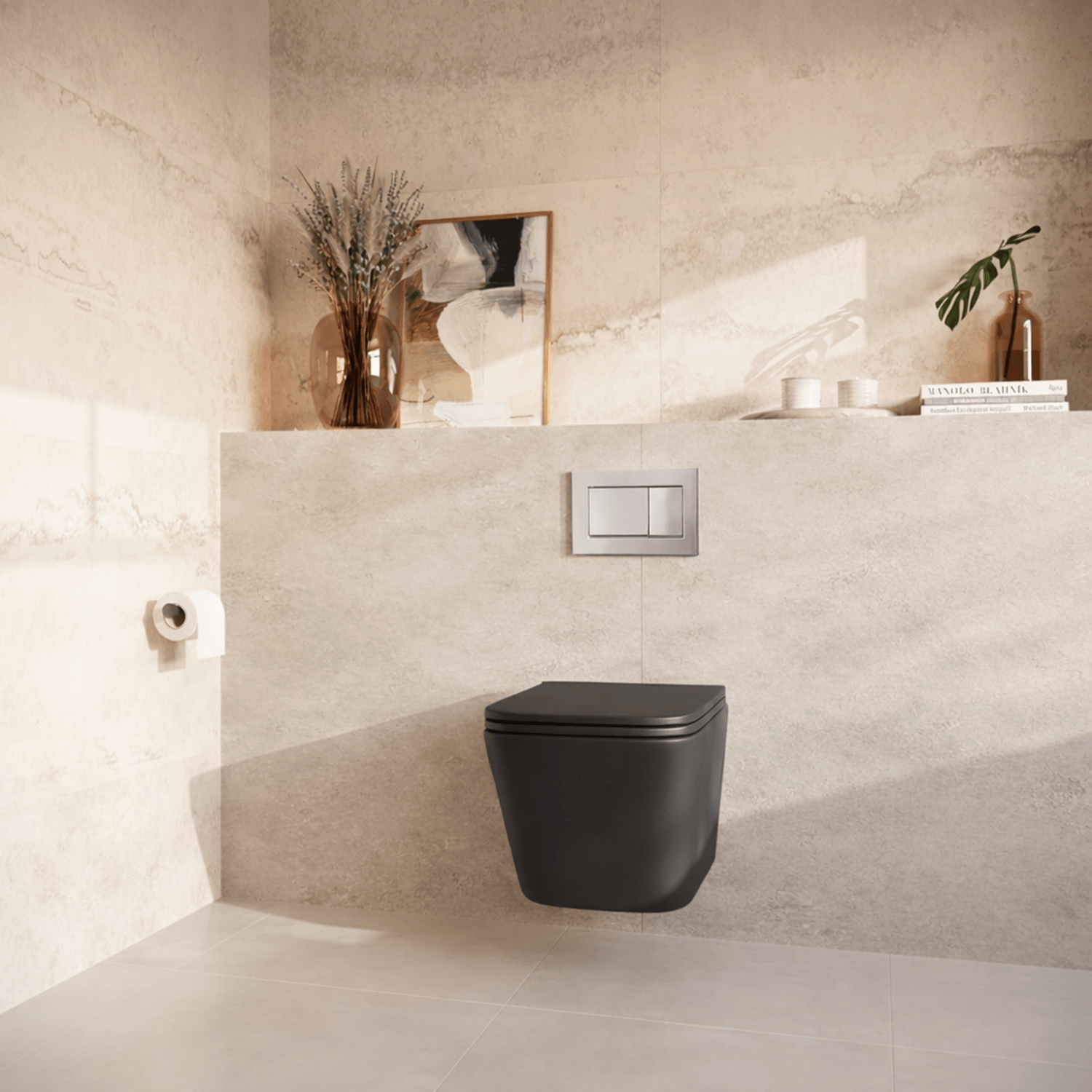 Hangtoilet met Inbouwreservoir - Vierkant Zwart - Drukplaat Vierkant Chroom - Linea - lomazoo.com