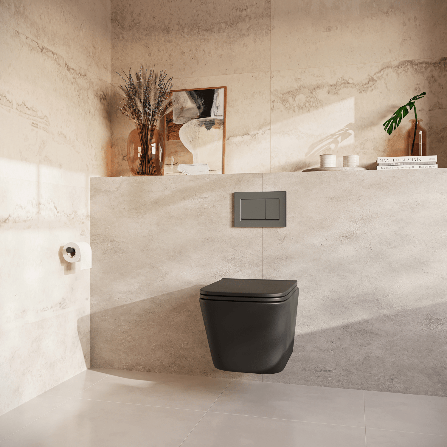 Hangtoilet met Inbouwreservoir - Vierkant Zwart - Drukplaat Vierkant Gunmetal - Linea - lomazoo.com