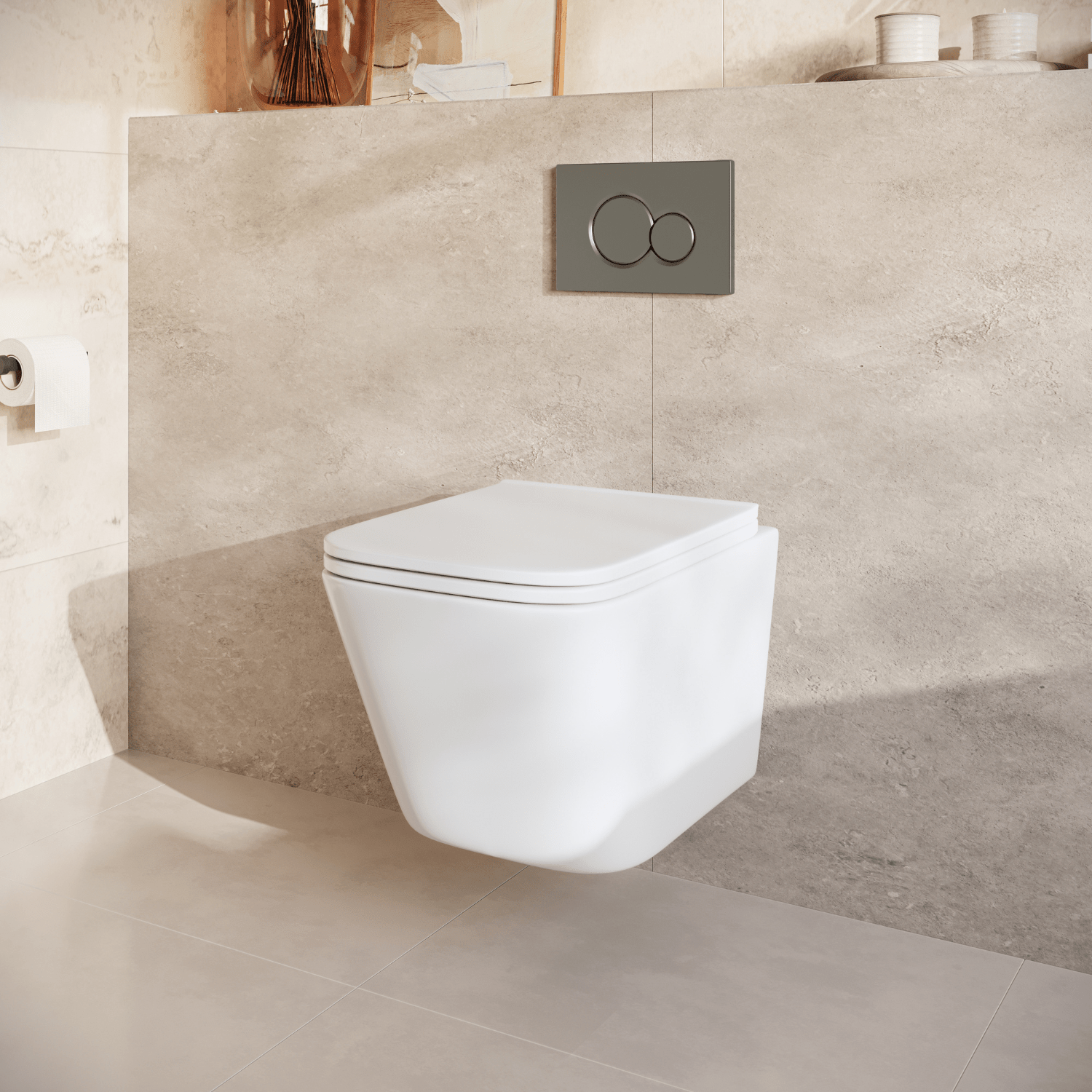 Hangtoilet met Inbouwreservoir - Vierkant Wit - Drukplaat Rond Gunmetal - Linea - lomazoo.com