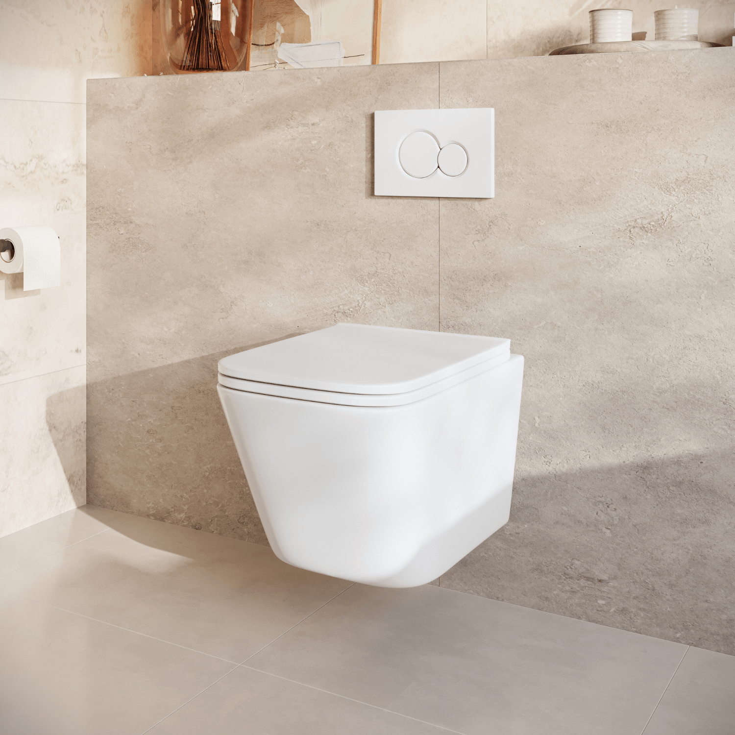 Hangtoilet met Inbouwreservoir - Vierkant Wit - Drukplaat Rond Wit - Linea - lomazoo.com