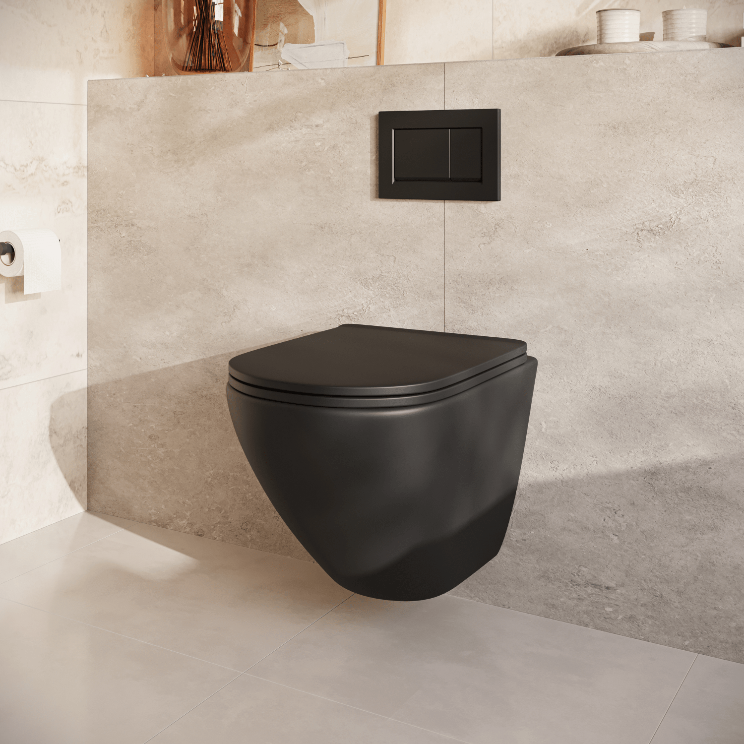 Hangtoilet met Inbouwreservoir - Rond Zwart - Drukplaat Vierkant Zwart - Linea - lomazoo.com