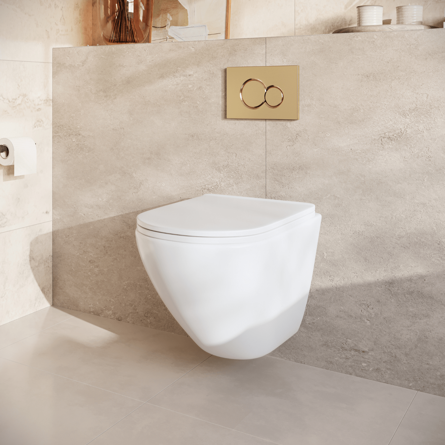Hangtoilet met Inbouwreservoir - Rond Wit - Drukplaat Rond Goud - Linea - lomazoo.com