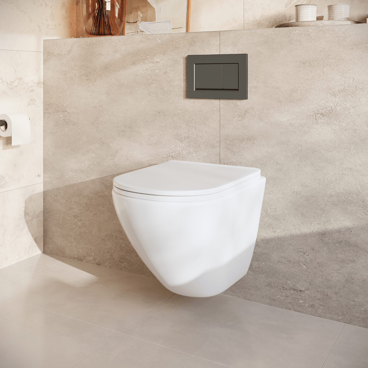 Hangtoilet met Inbouwreservoir - Rond Wit - Drukplaat Vierkant Gunmetal - Linea - lomazoo.com