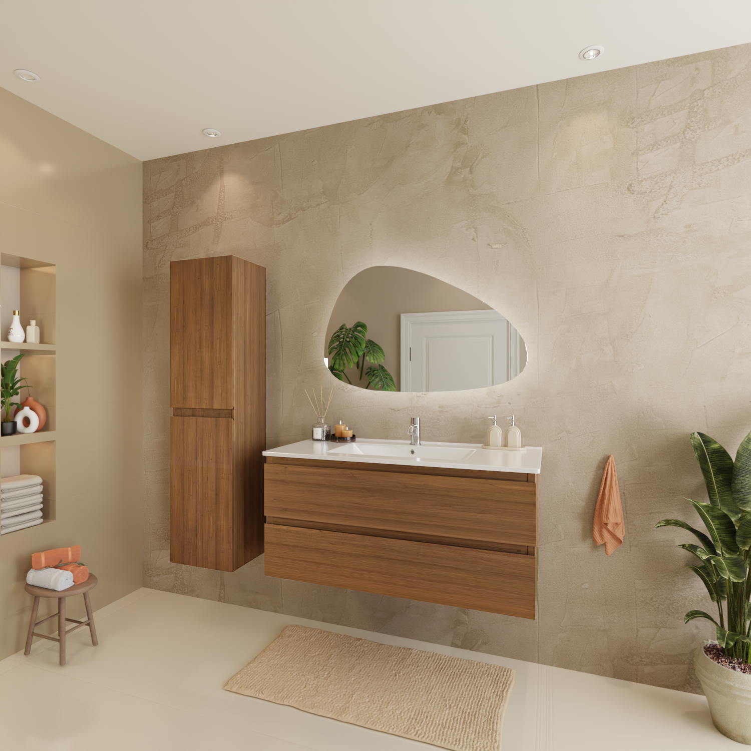 Badmeubelset VERONA 100 cm - Met Kolomkast - Warm Eiken - Wastafel Wit