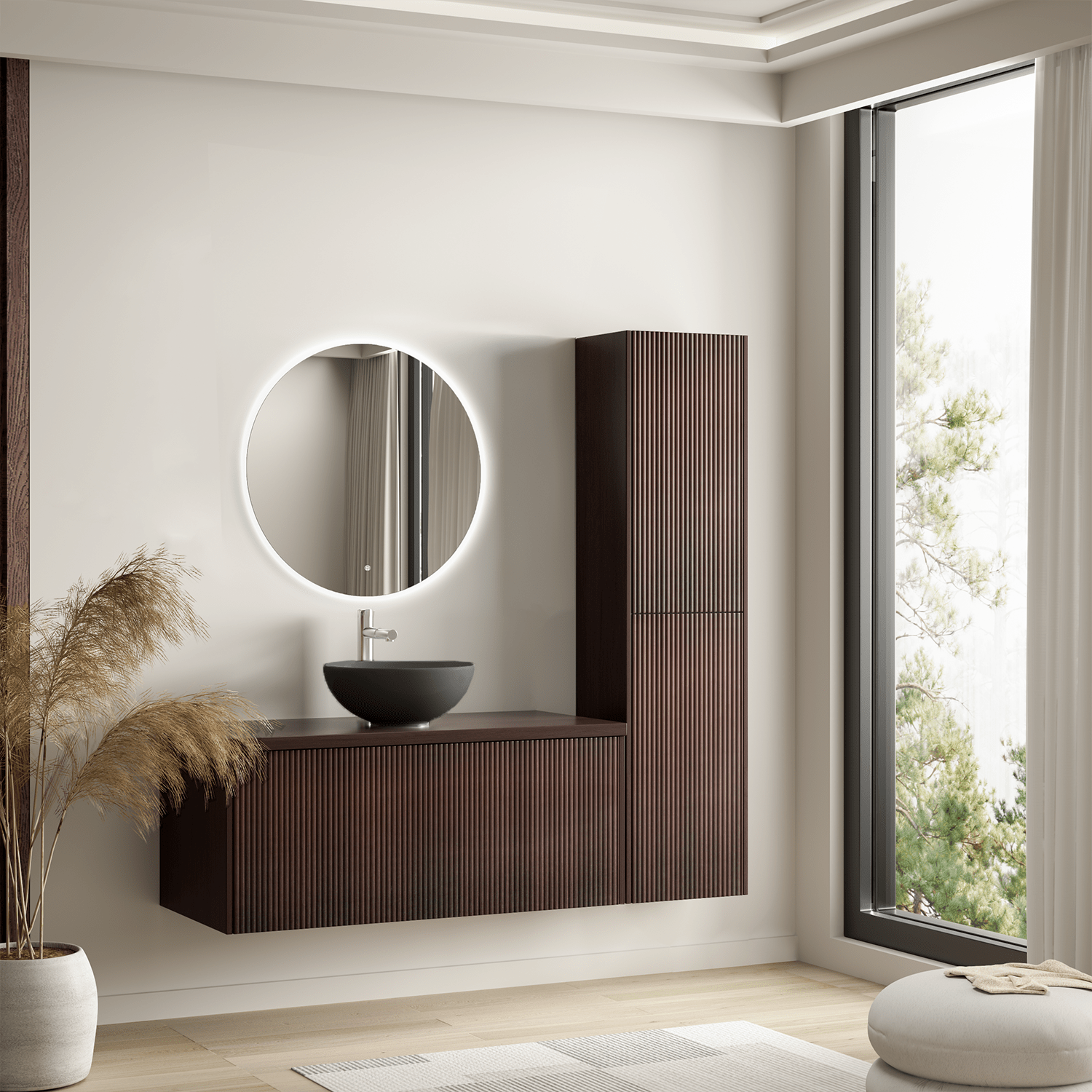 Badmeubelset TROPANI 100 cm - Walnoot - Ribbel front - Waskom Zwart - lomazoo.com