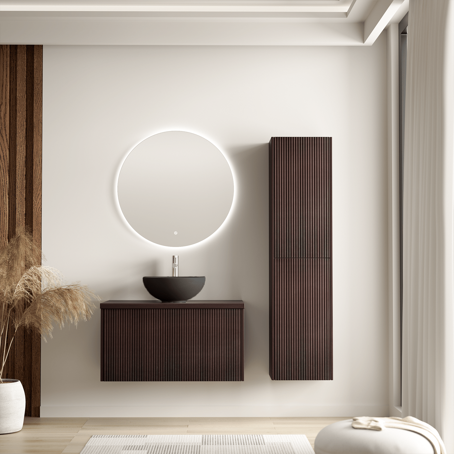 Badmeubelset TROPANI 80 cm - Walnoot - Ribbel front - Waskom Zwart - lomazoo.com