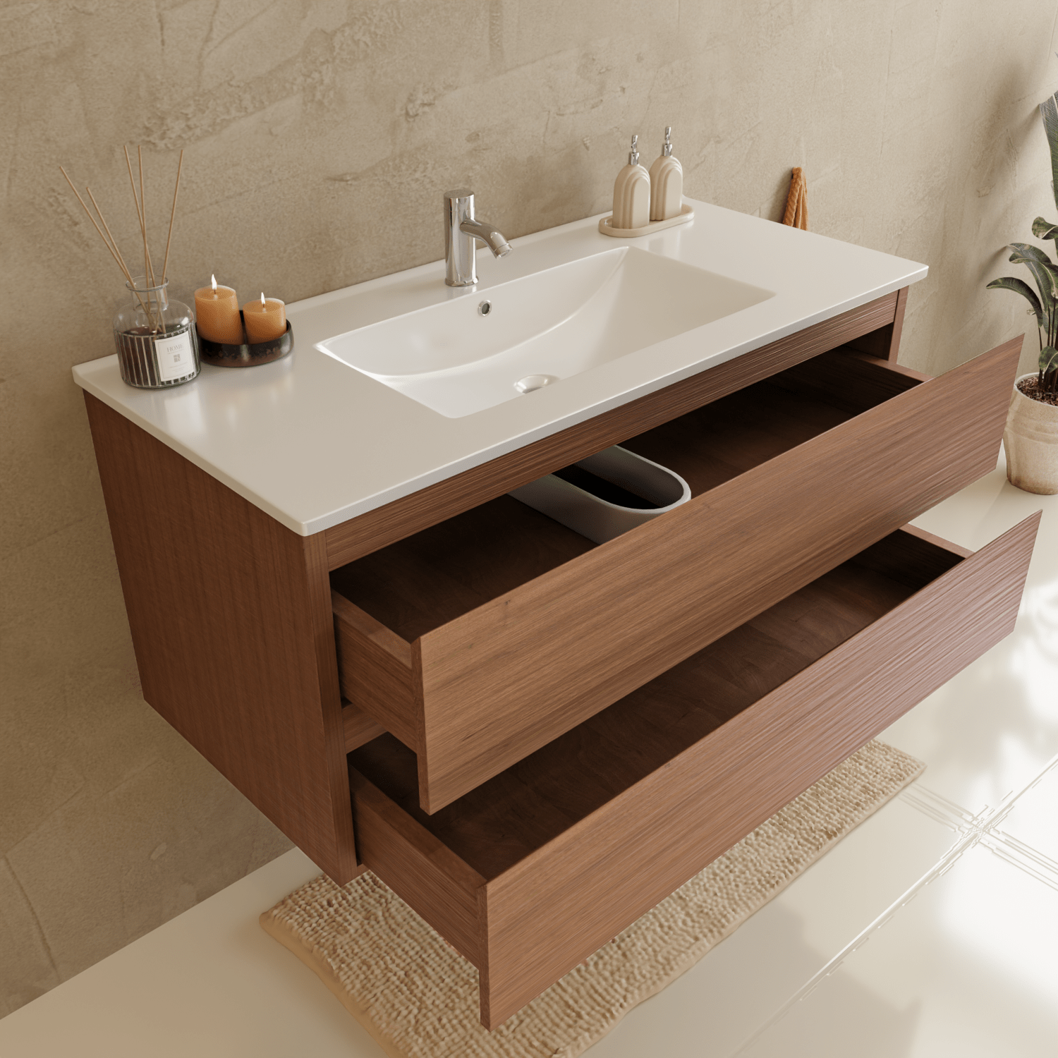 Badmeubelset VERONA 100 cm - Met Kolomkast - Warm Eiken - Wastafel Wit - lomazoo.com