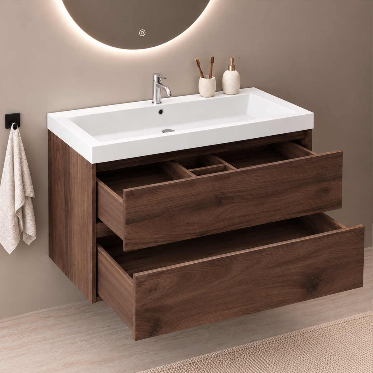 Set di Mobili da Bagno AVALON 100 cm - Con Colonna - Rovere Marrone - Lavabo Bianco