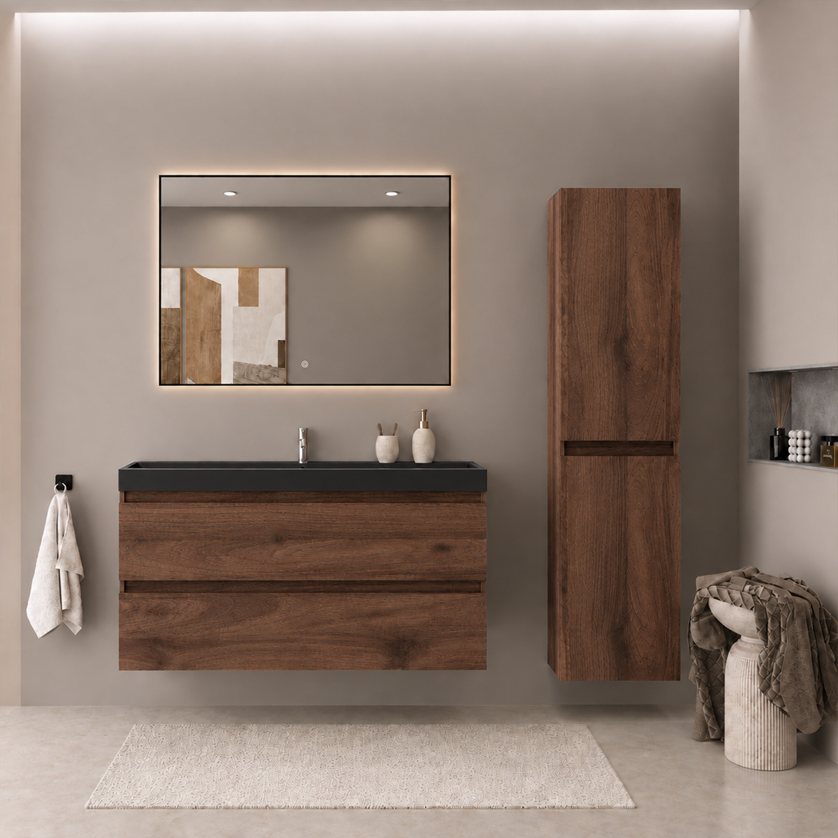 Set di Mobili da Bagno AVALON 100 cm - Con Colonna - Rovere Marrone - Lavabo Nero