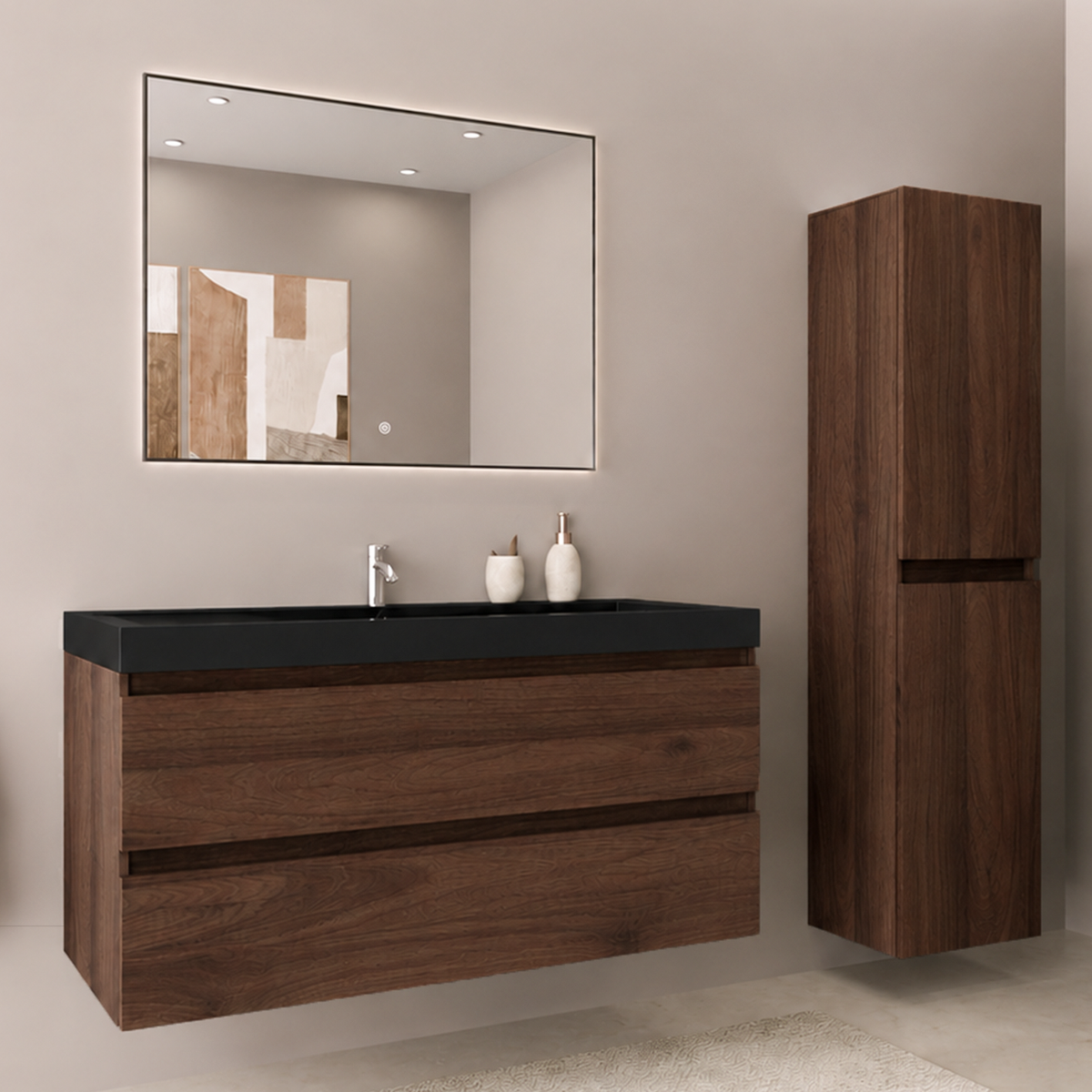 Set di Mobili da Bagno AVALON 100 cm - Con Colonna - Rovere Marrone - Lavabo Nero