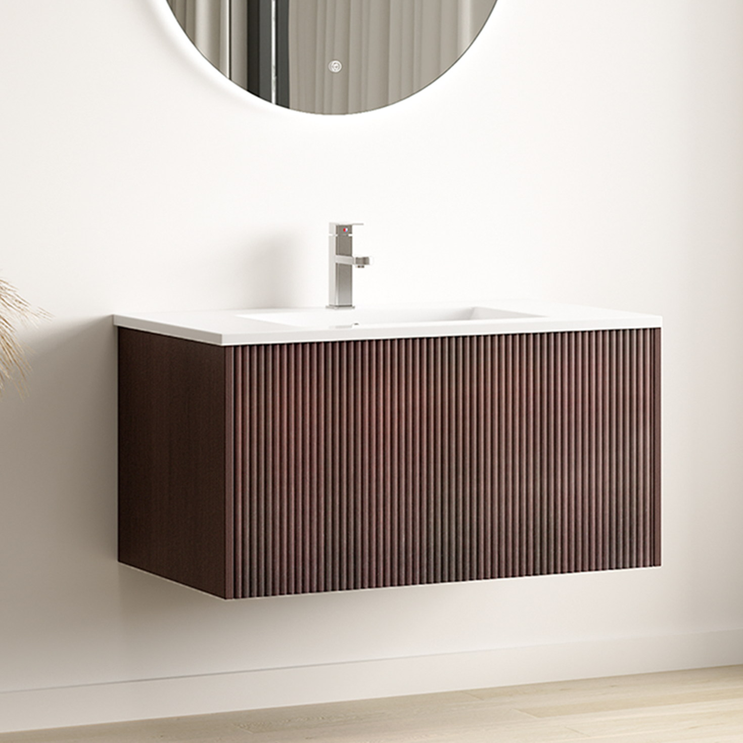 SOVINA Noce scanalato - Lavabo bianco - 80cm