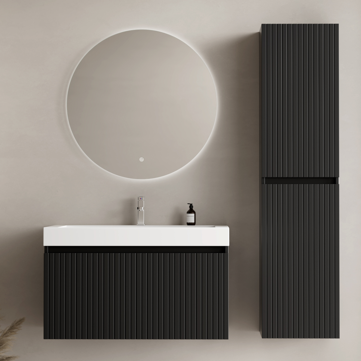 Set mobili bagno ZESERO 80 cm - Con colonna - Nero opaco - Lavabo bianco