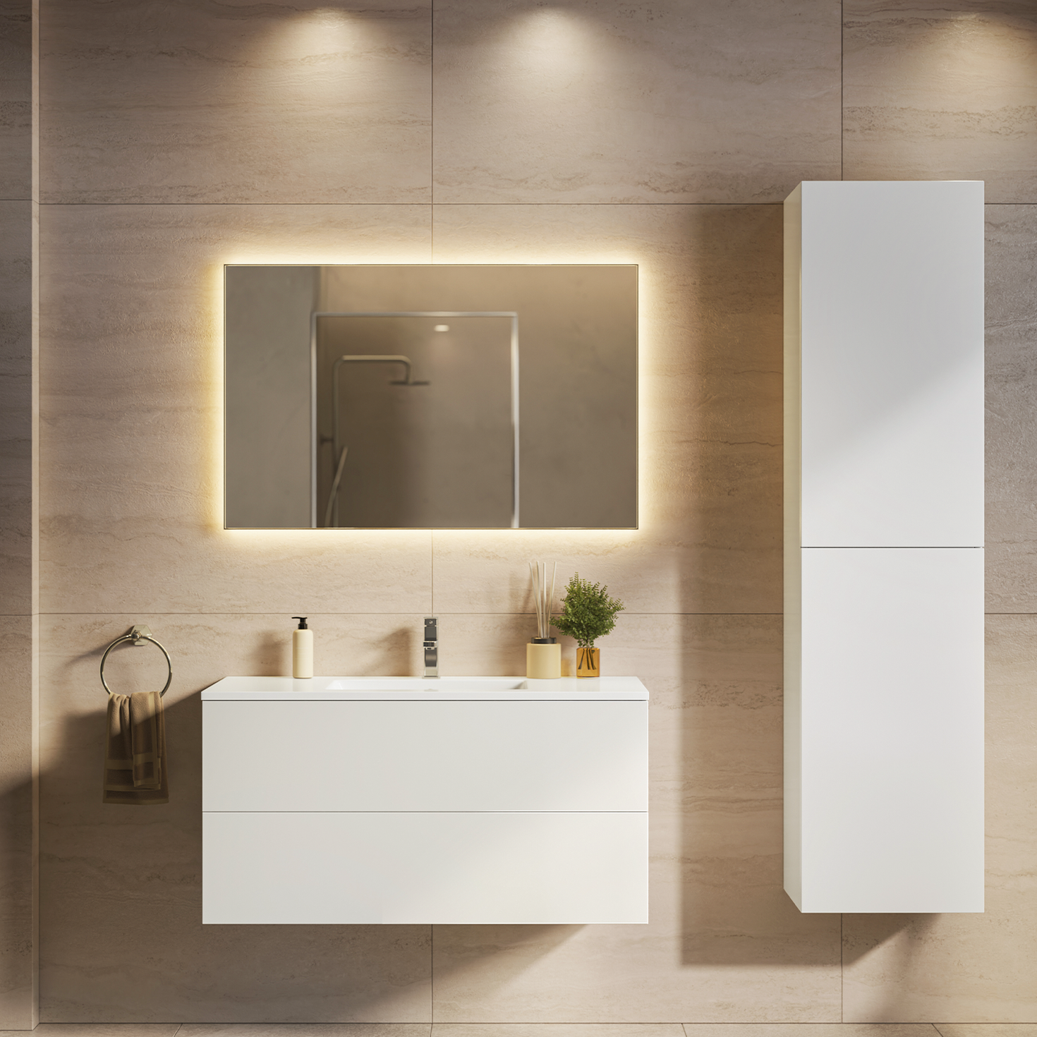 Set di mobili da bagno NUVANO 100 cm - Con colonna - Bianco lucido - Lavabo bianco