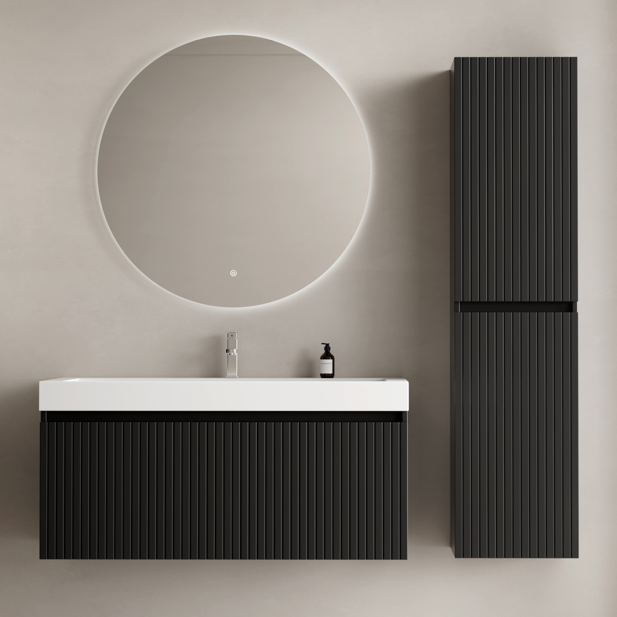 Set mobile bagno ZESERO 100 cm – Con colonna – Nero opaco – Lavabo bianco