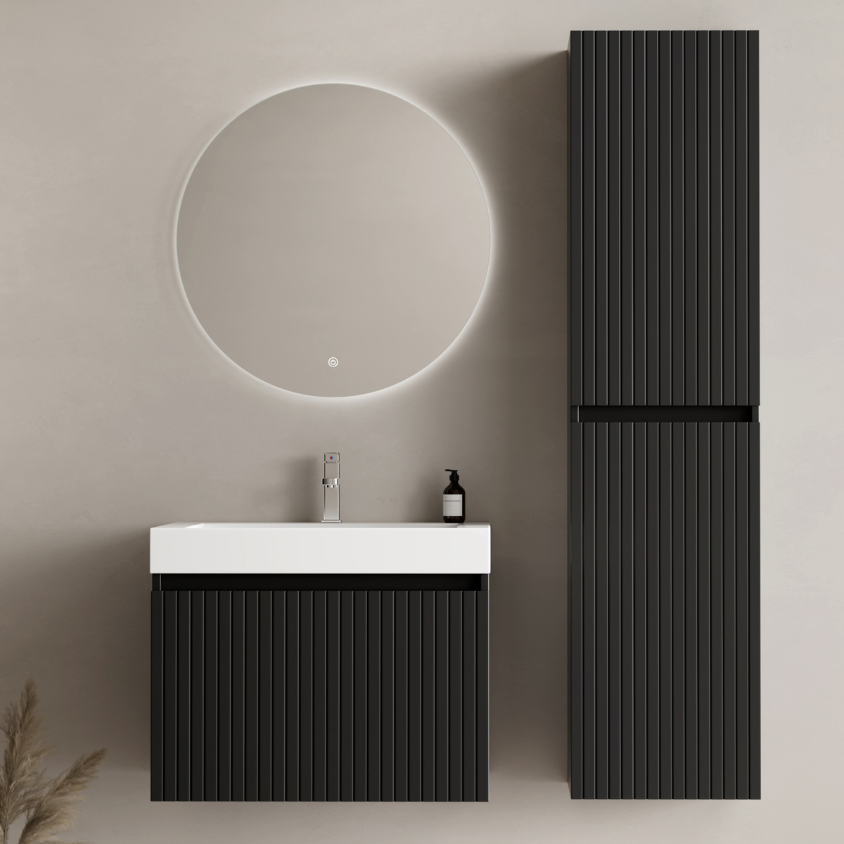 Composizione bagno ZESERO 60 cm - Con colonna - Nero opaco - Lavabo bianco