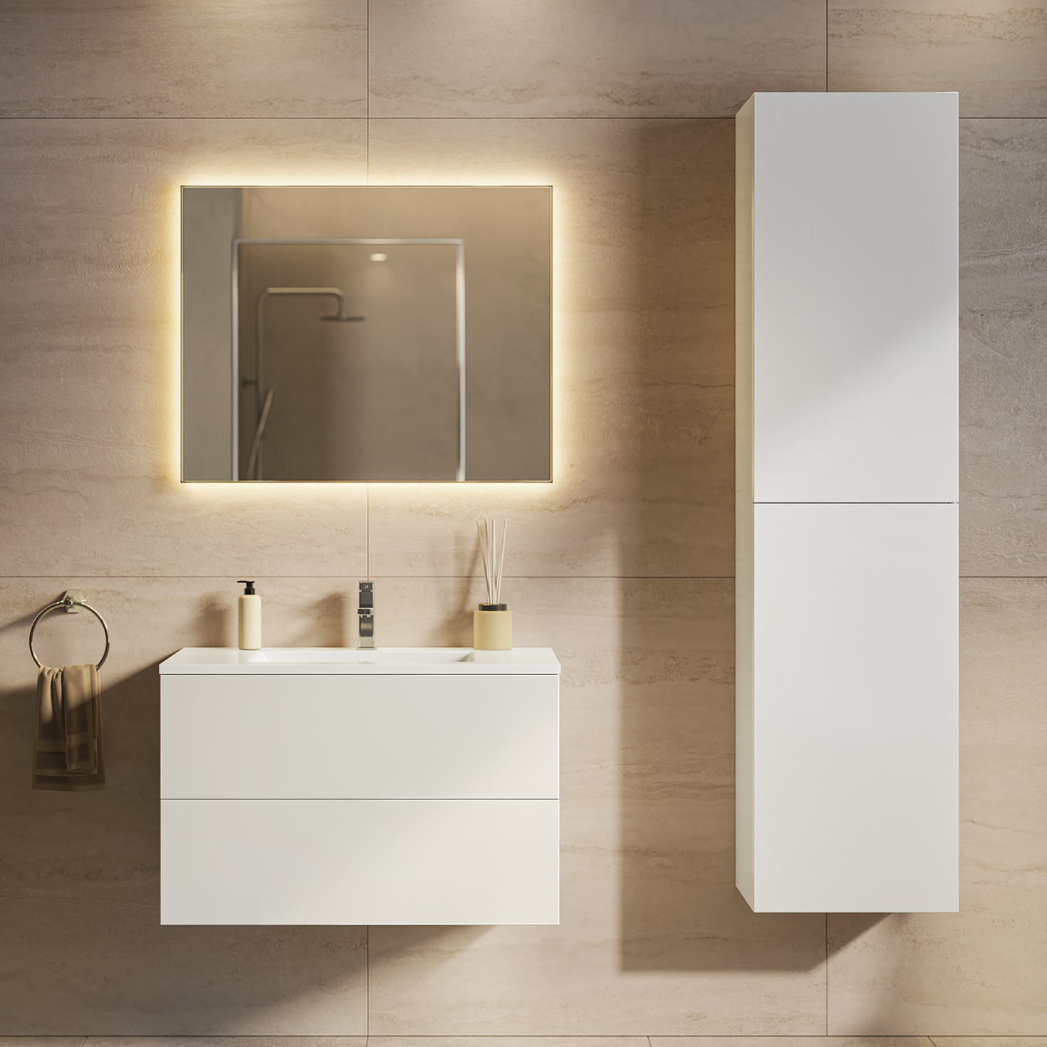 Set di mobili da bagno NUVANO 80 cm - Con colonna - Bianco lucido - Lavabo bianco