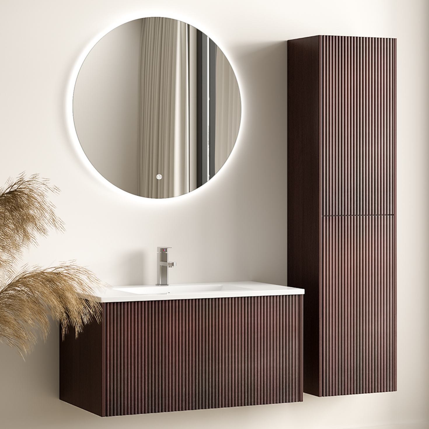 Set mobile bagno ROVANI 80 cm - Noce - Frontale scanalato - Lavabo bianco