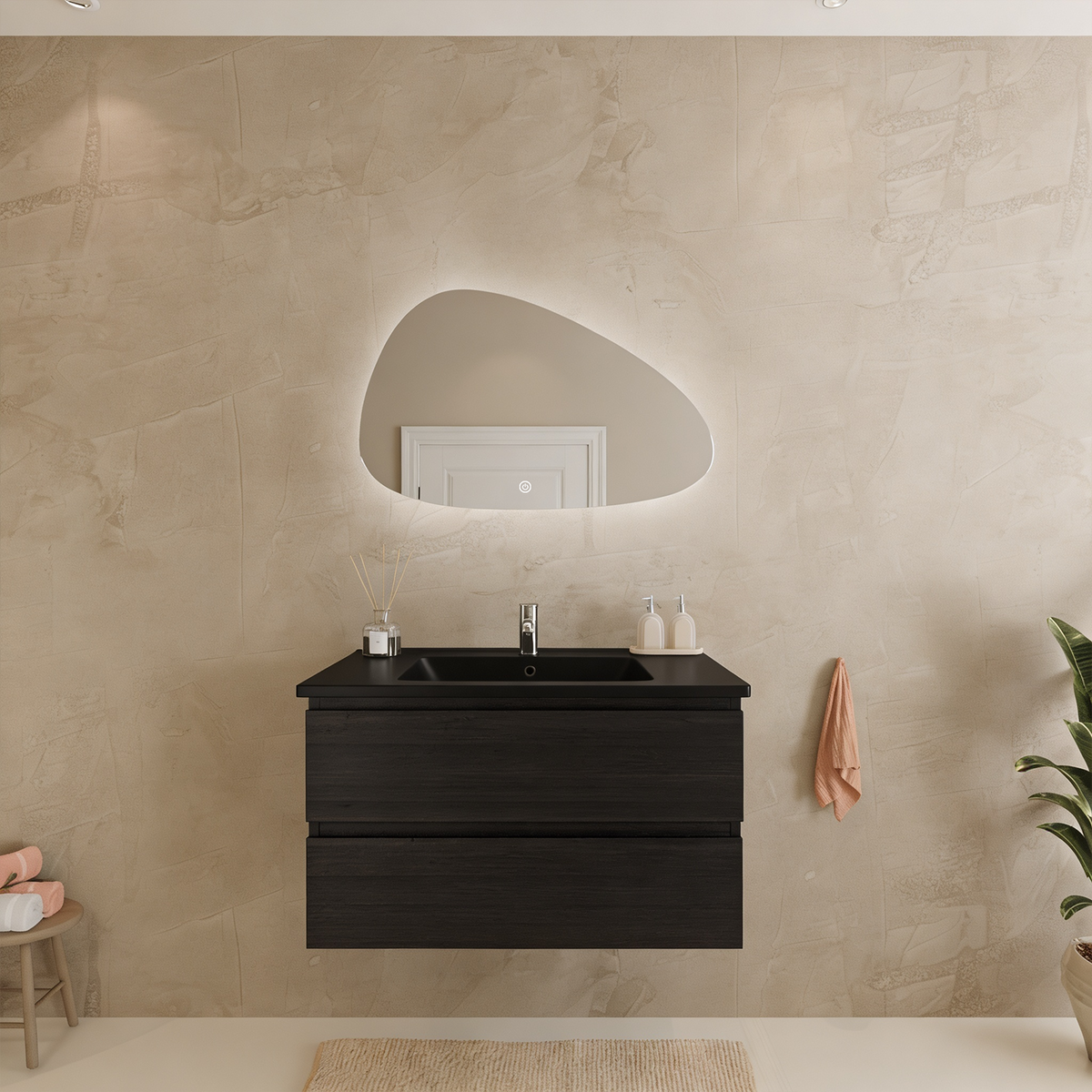 MARENZA 80 cm - Rovere Nero - Lavabo Nero