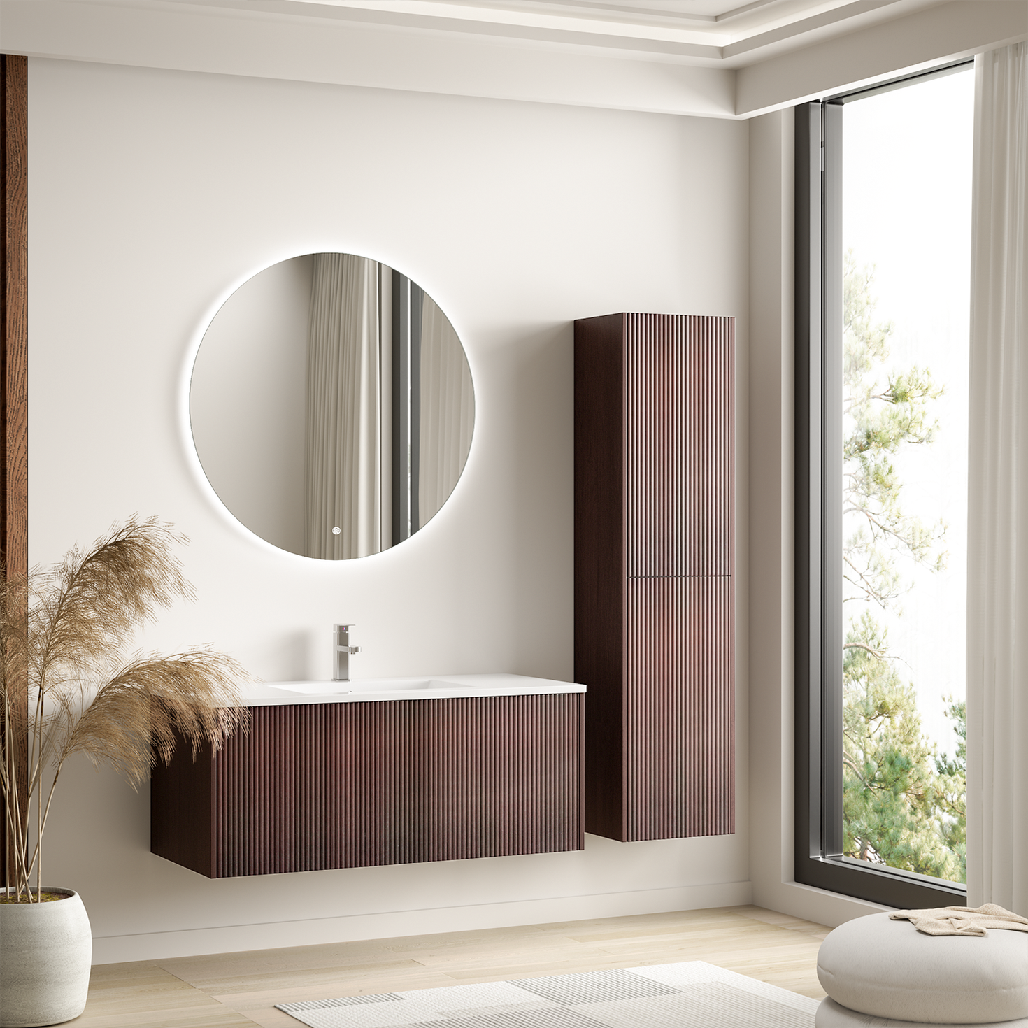 Set mobile bagno ROVANI 100 cm - Noce - Frontale scanalato - Lavabo bianco