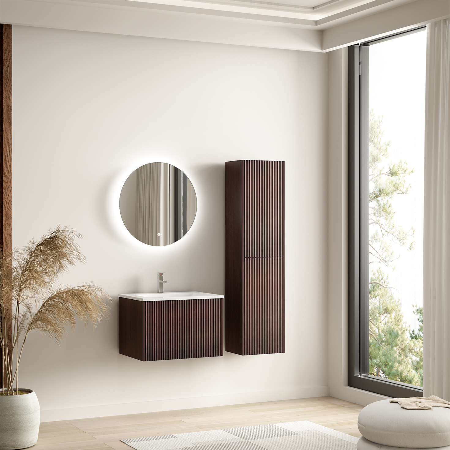 Set di mobili da bagno ROVANI 60 cm - Noce - Frontale scanalato - Lavabo bianco