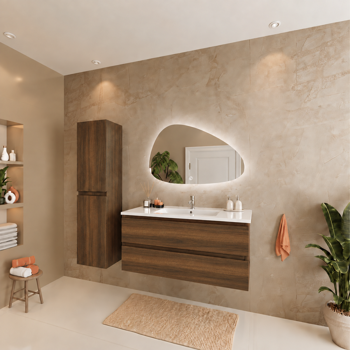 Set di Mobili da Bagno VERONA 100 cm - Con Colonna - Rovere Marrone - Lavabo Bianco