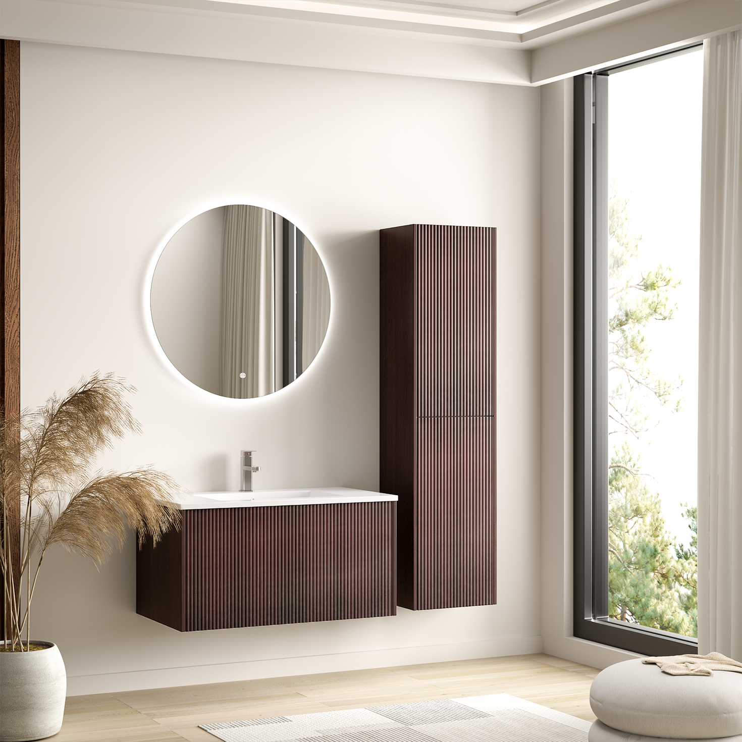 Set mobile bagno ROVANI 80 cm - Noce - Frontale scanalato - Lavabo bianco