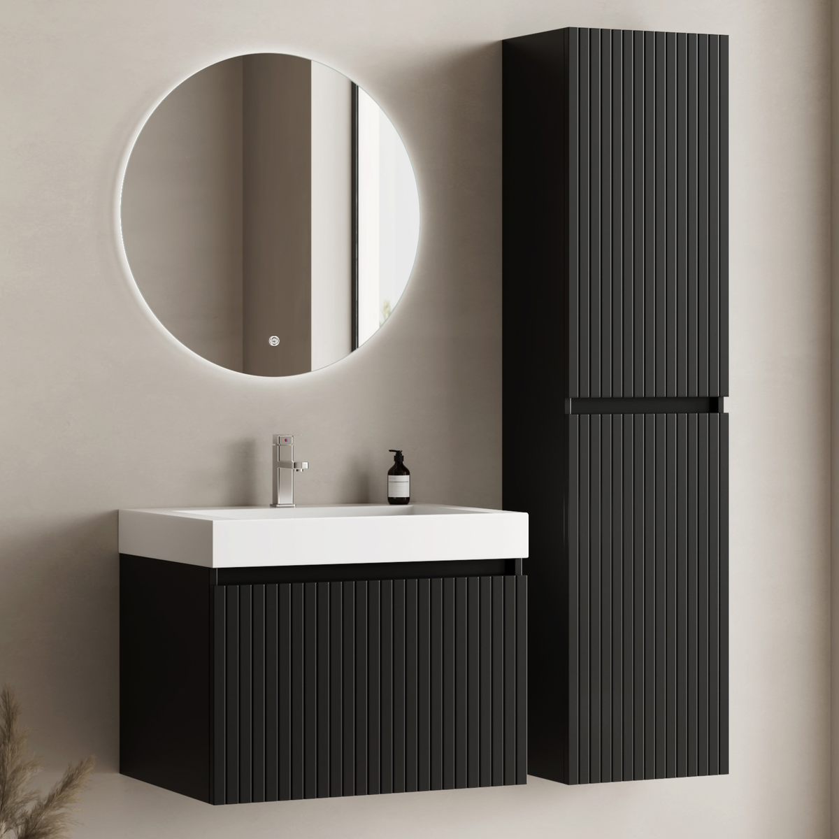 Composizione bagno ZESERO 60 cm - Con colonna - Nero opaco - Lavabo bianco