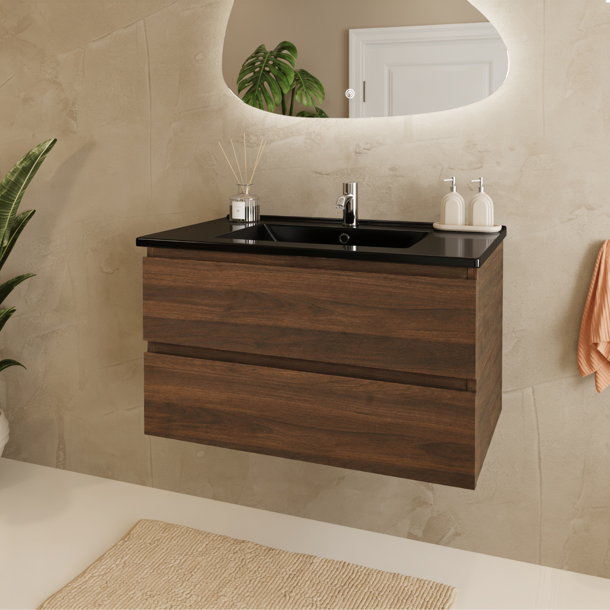 MARENZA Rovere Marrone - Lavabo Nero - 80 cm