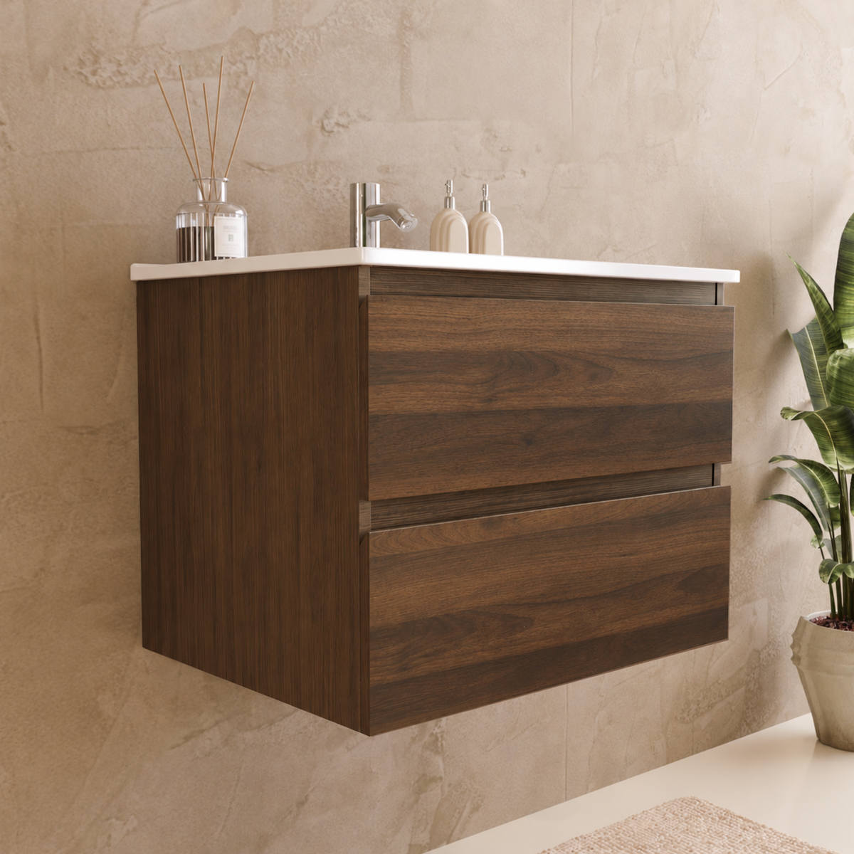 Set di Mobili da Bagno VERONA 60 cm - Con Colonna - Rovere Marrone - Lavabo Bianco