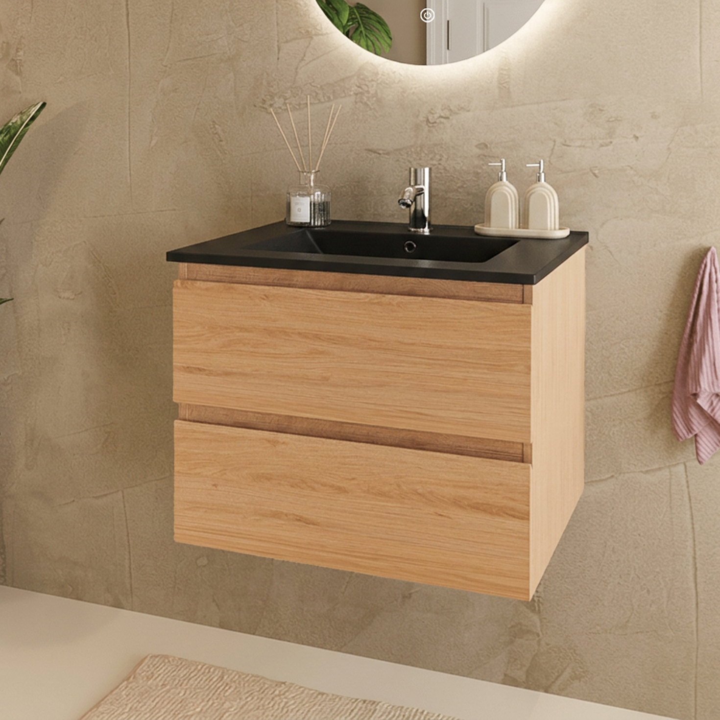 MARENZA Rovere chiaro - Lavabo nero - 60cm