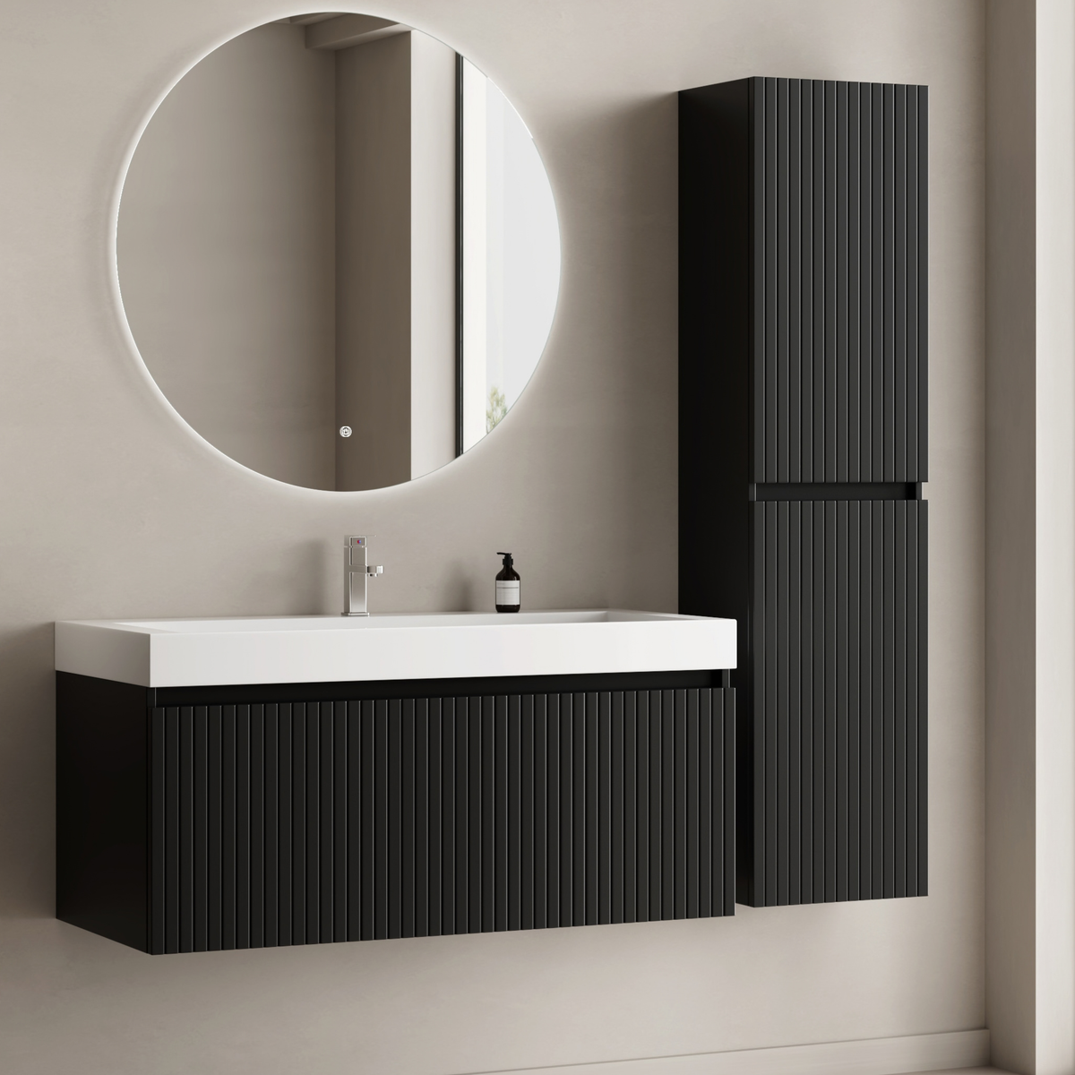 Set mobile bagno ZESERO 100 cm – Con colonna – Nero opaco – Lavabo bianco
