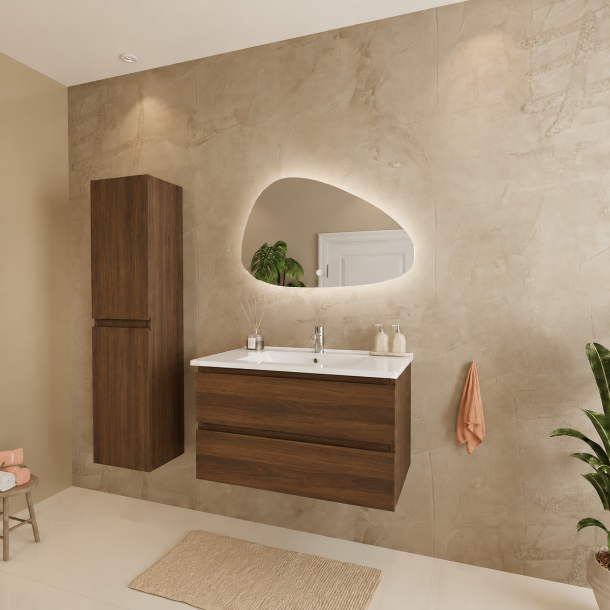 Set di Mobili da Bagno VERONA 80 cm - Con Colonna - Rovere Marrone - Lavabo Bianco
