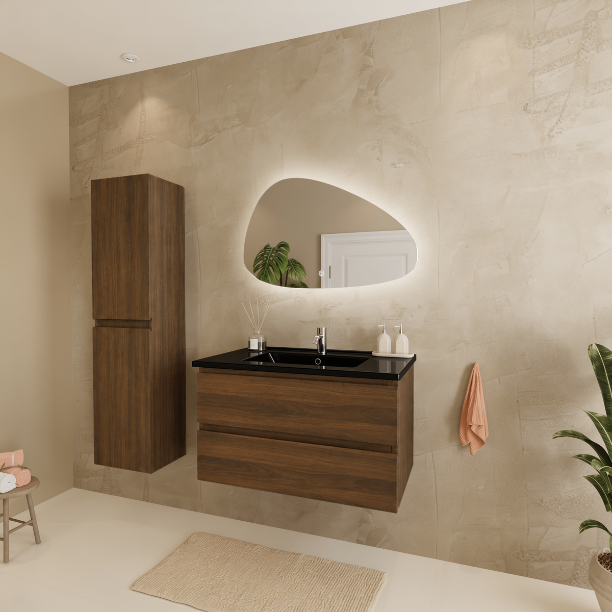 Set di mobili bagno VERONA 80 cm - Con Colonna Bagno - Rovere Marrone - Lavabo Nero