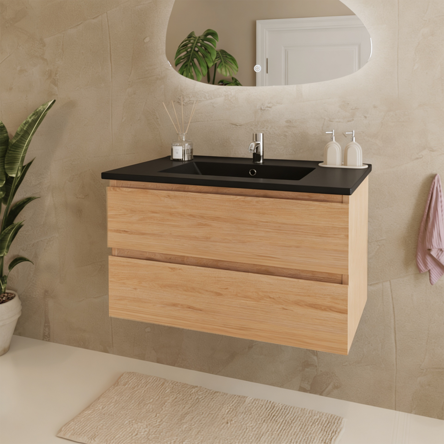 MARENZA Rovere chiaro - Lavabo nero - 80cm