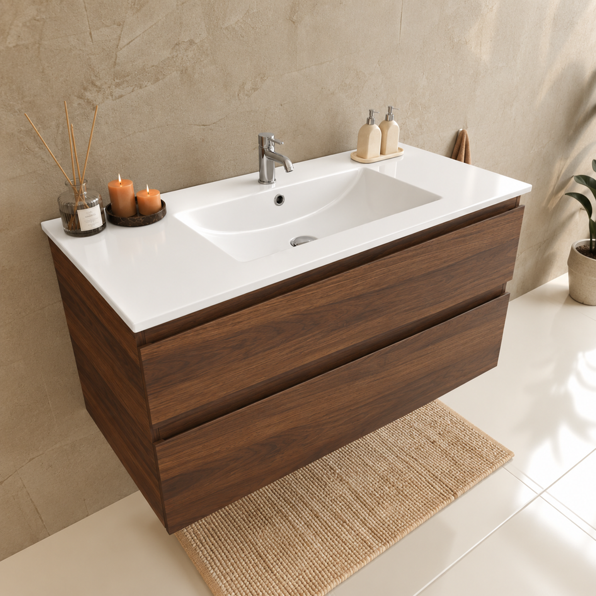 Set di Mobili da Bagno VERONA 100 cm - Con Colonna - Rovere Marrone - Lavabo Bianco