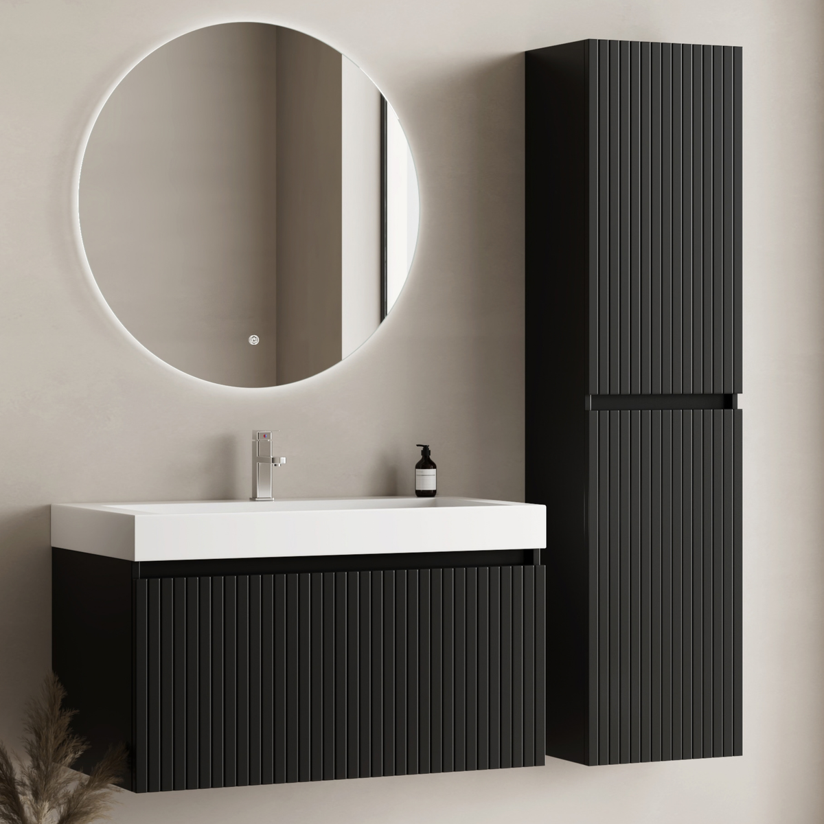 Set mobili bagno ZESERO 80 cm - Con colonna - Nero opaco - Lavabo bianco