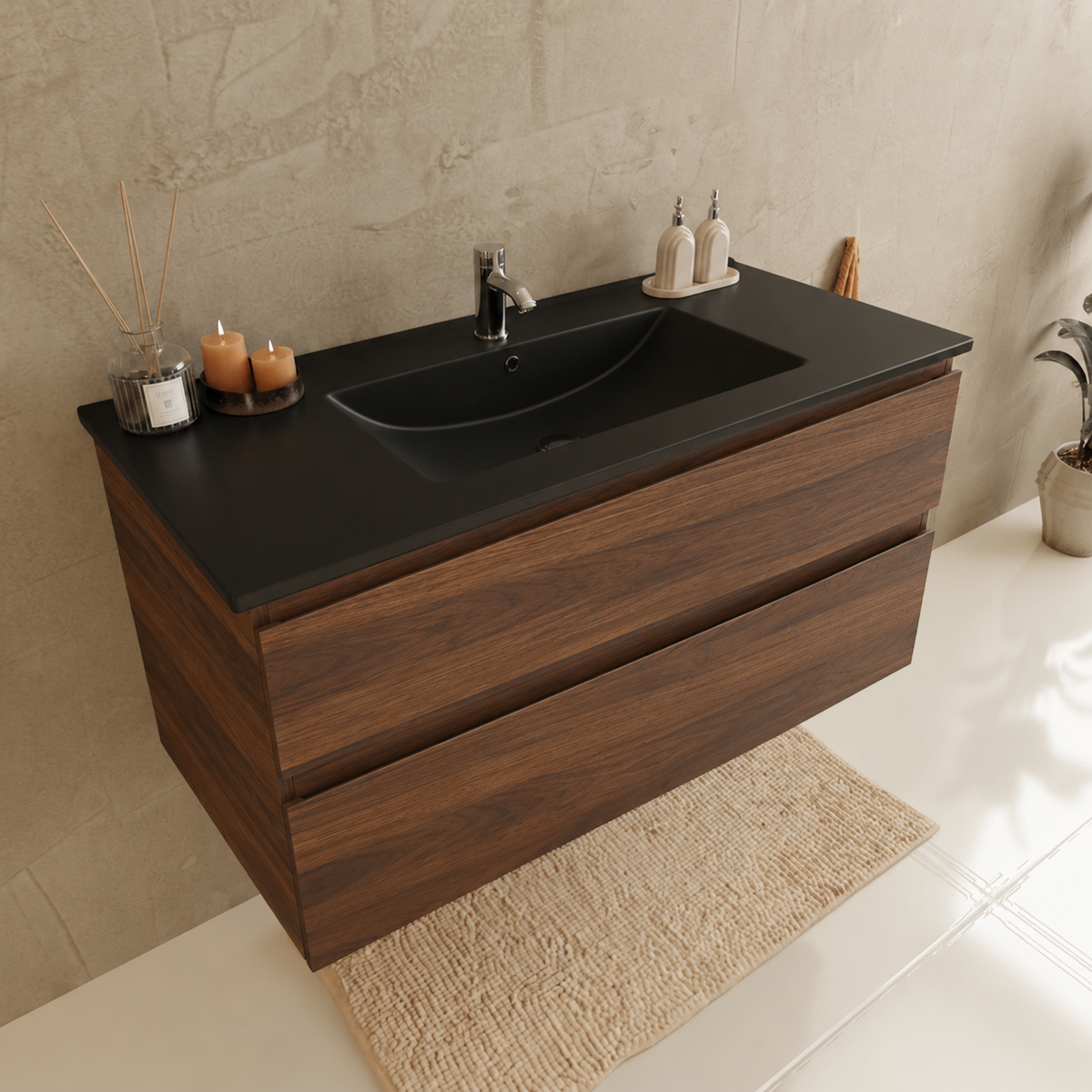 Set di mobili bagno VERONA 100 cm - Con Colonna Bagno - Rovere Marrone - Lavabo Nero