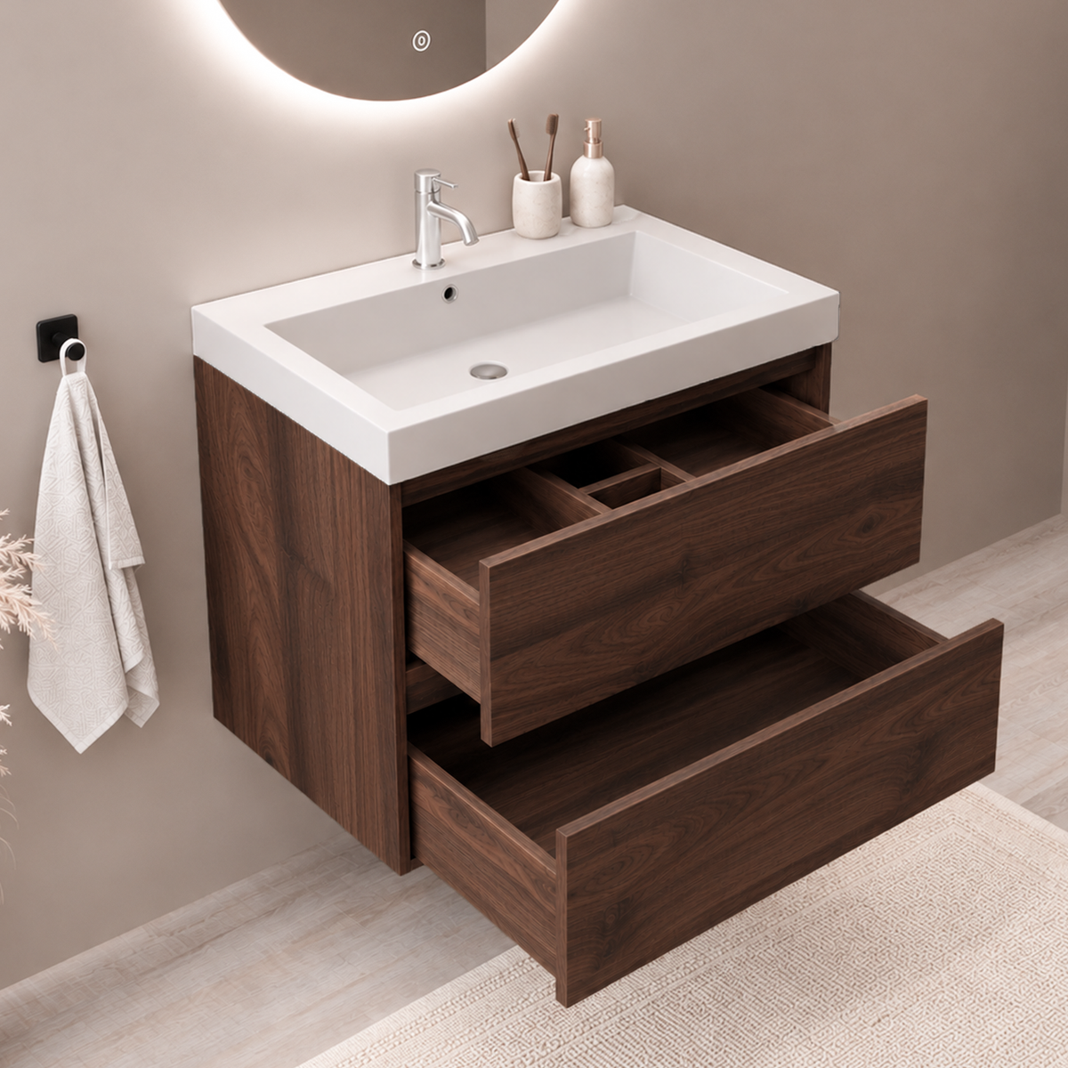 Set di Mobili da Bagno AVALON 60 cm - Con Colonna - Rovere Marrone - Lavabo Bianco