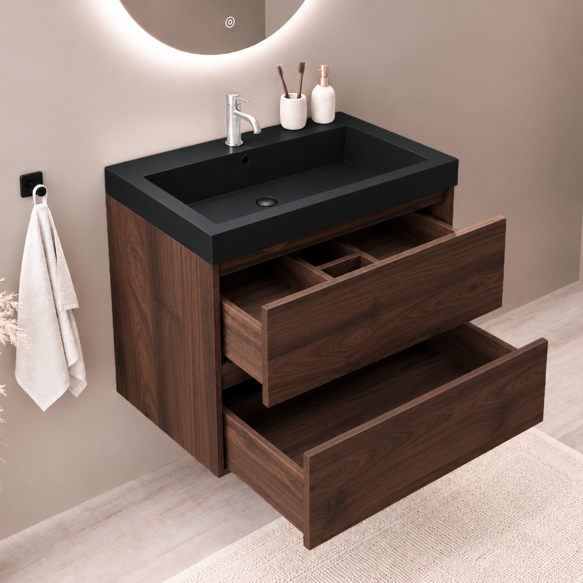 Set di Mobili da Bagno AVALON 60 cm - Con Colonna - Rovere Marrone - Lavabo Nero