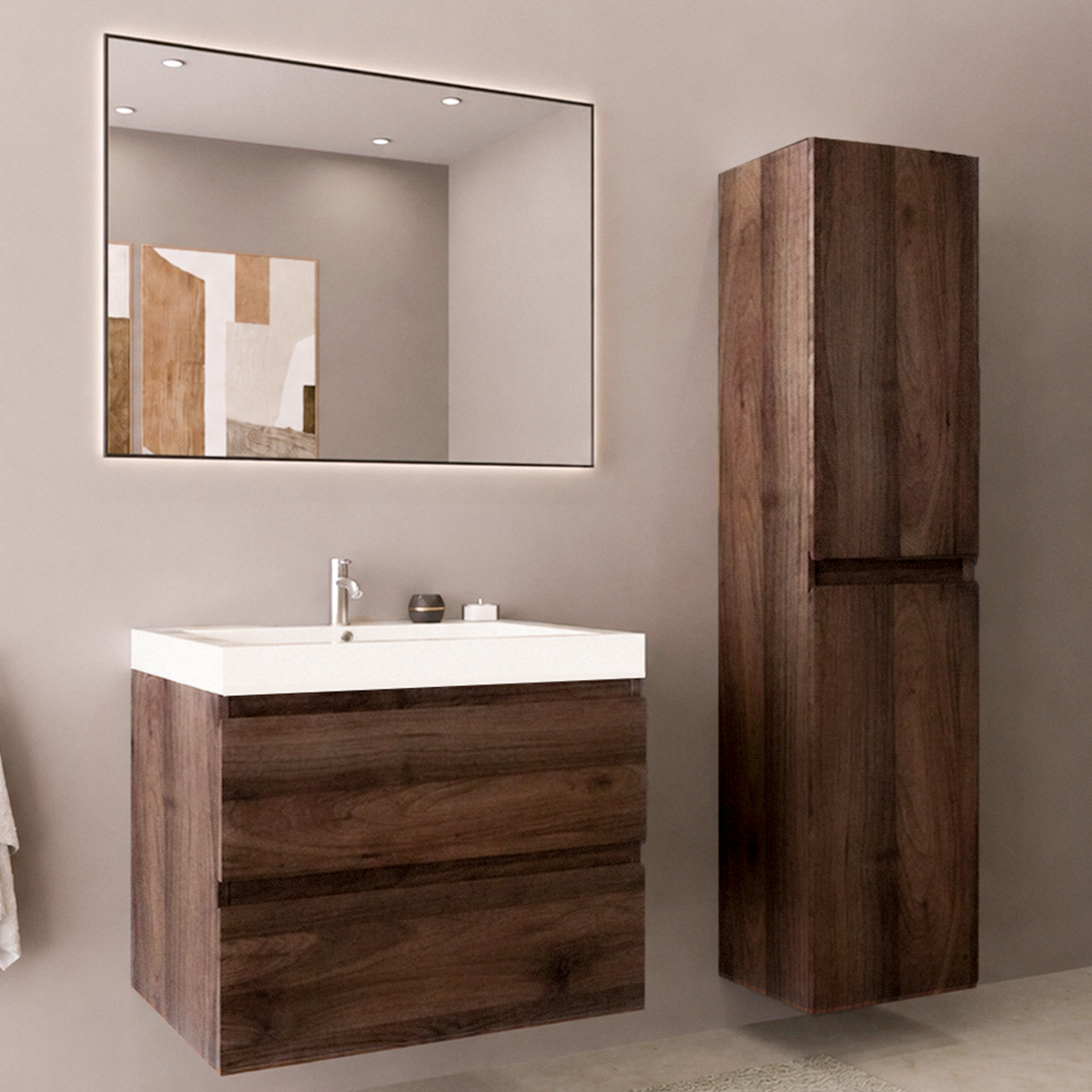 Set di Mobili da Bagno AVALON 60 cm - Con Colonna - Rovere Marrone - Lavabo Bianco