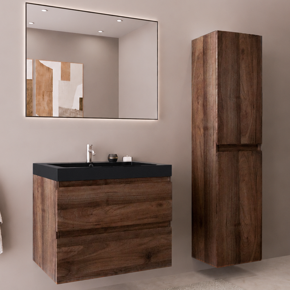 Set di Mobili da Bagno AVALON 60 cm - Con Colonna - Rovere Marrone - Lavabo Nero