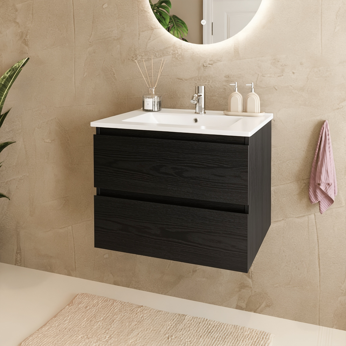 MARENZA 60 cm - Rovere Nero - Lavabo Bianco