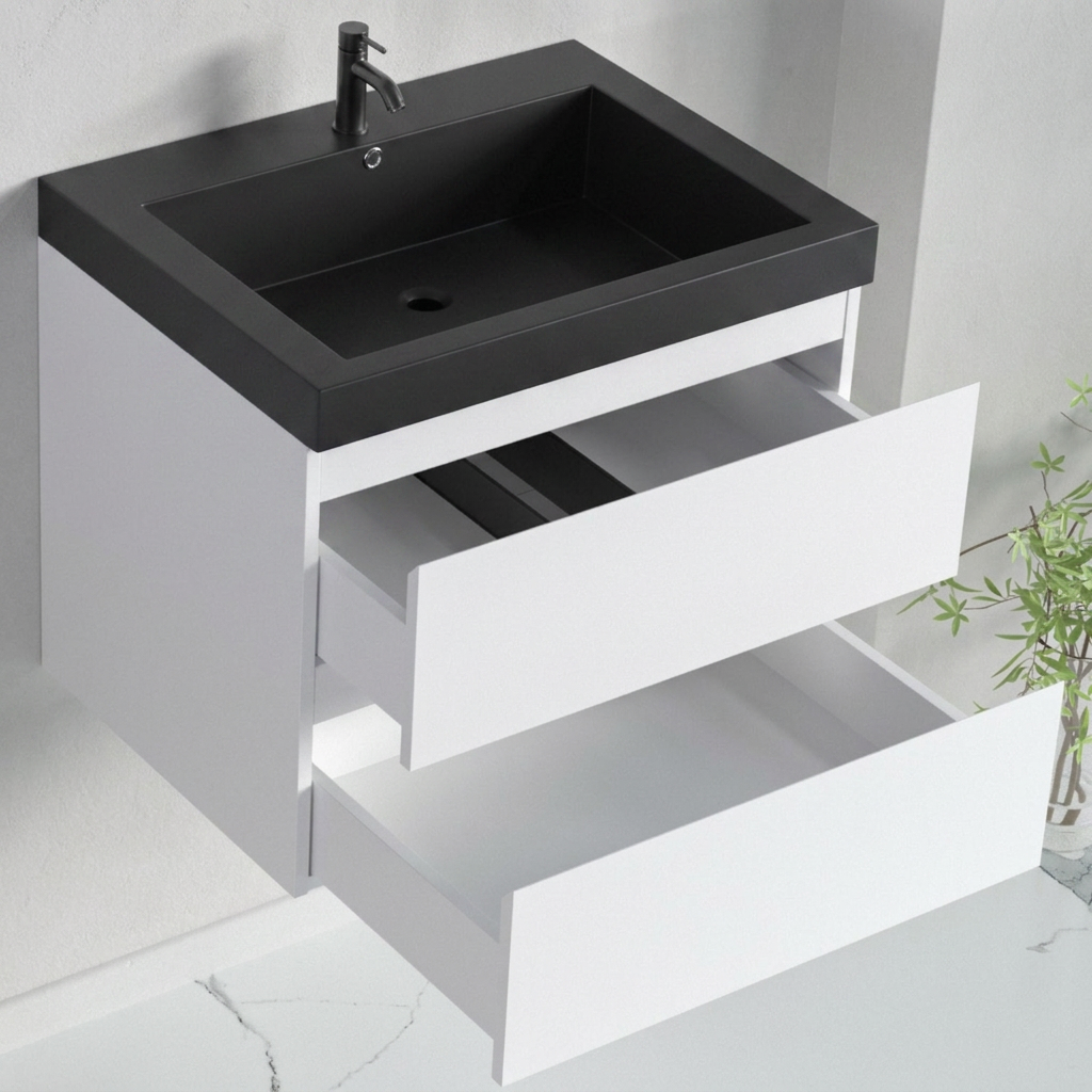 Set di mobili da bagno AVALON 60 cm - Con colonna - Bianco lucido - Lavabo nero