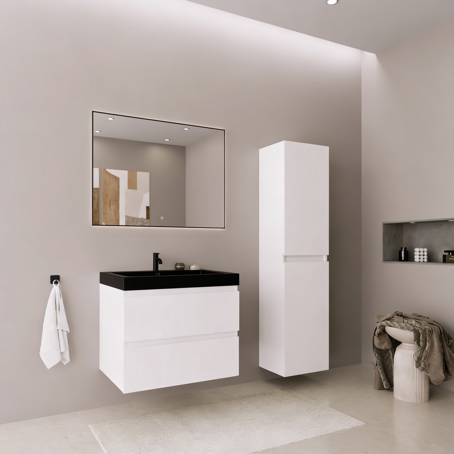 Set di mobili da bagno AVALON 60 cm - Con colonna - Bianco lucido - Lavabo nero