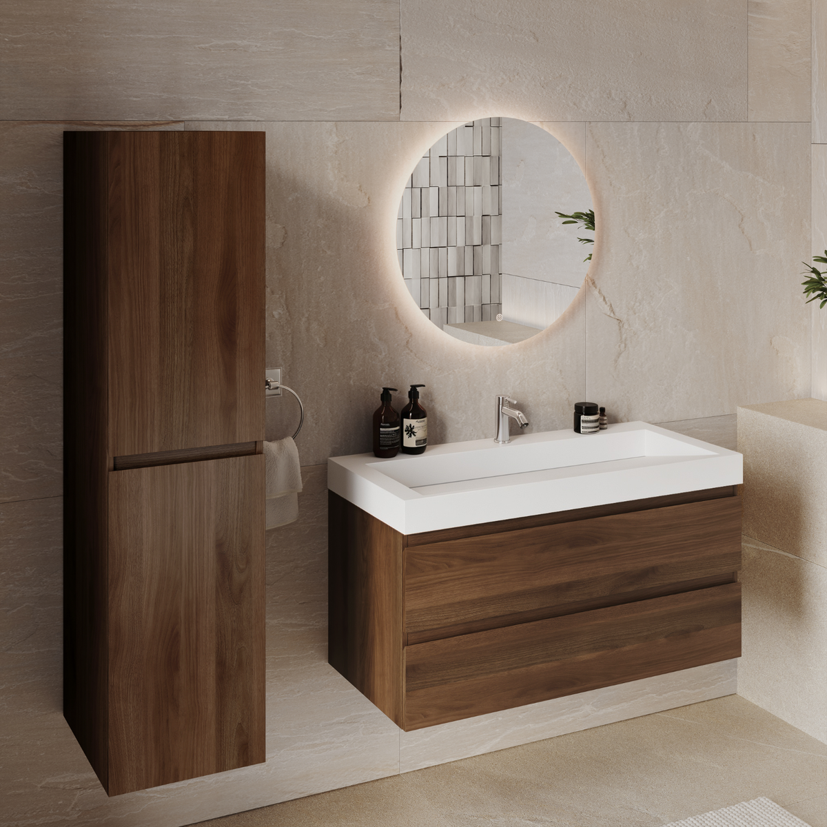 Set di Mobili da Bagno AZURO Rovere Marrone - Lavabo Bianco - Con Colonna - 100 cm