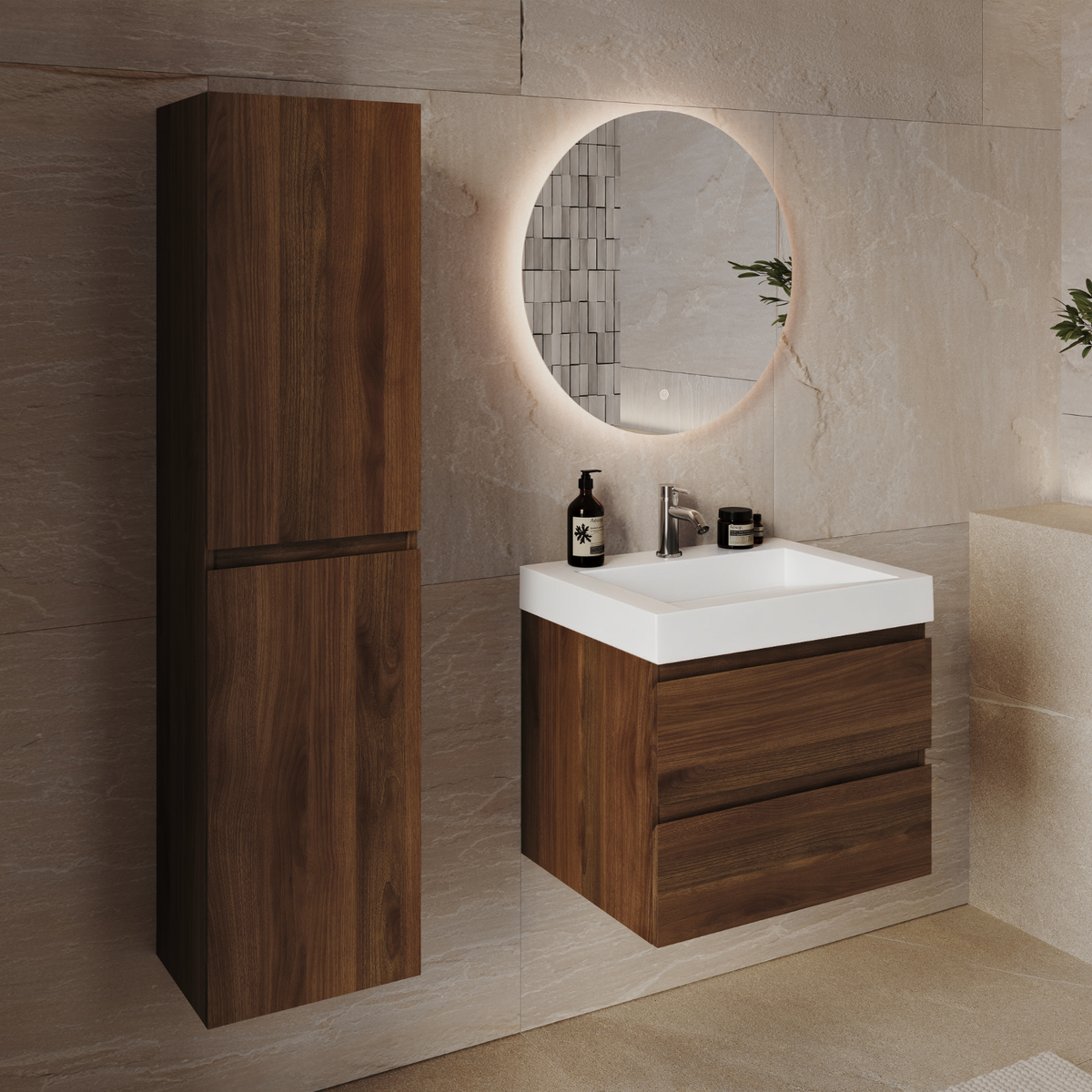Set di Mobili da Bagno AZURO Rovere Marrone - Lavabo Bianco - Con Colonna - 60 cm