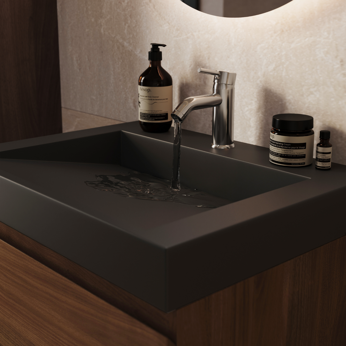 Set di mobili bagno AZURO Rovere Marrone - Lavabo Nero - Con Colonna Bagno - 60 cm
