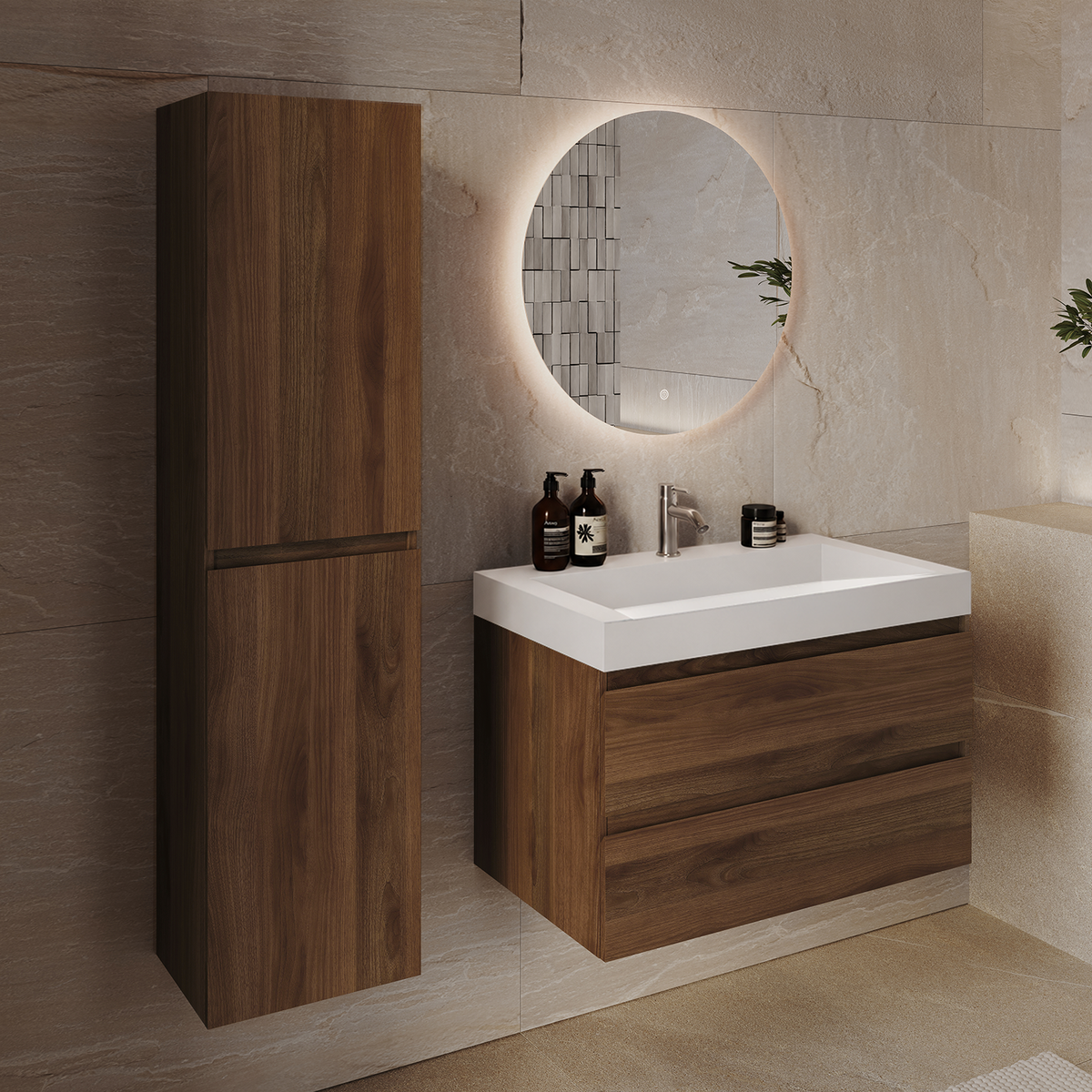 Set di Mobili da Bagno AZURO Rovere Marrone - Lavabo Bianco - Con Colonna - 80 cm